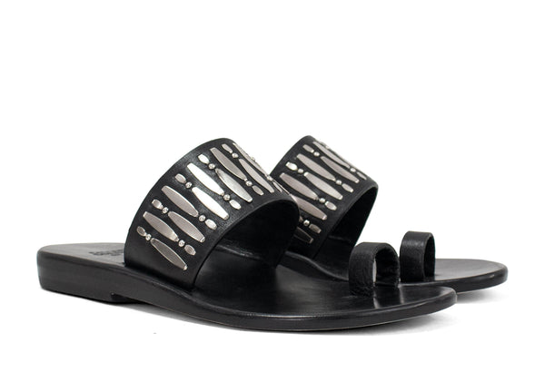 Calleen Cordero Zara Sandal Black Leather W/ Nickel Art