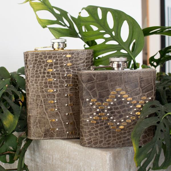 Calleen Cordero Zelda Flask Grey Croco W/ Brass & Nickel