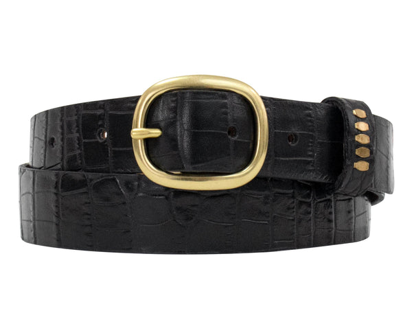 calleen cordero Zen 1" Belt Black Embossed Croc w/ Brass Art