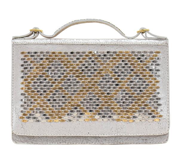 Calleen Cordero Zena Snake Clutch Wallet Gold Pearl Cracked W/ Brass & Nickel