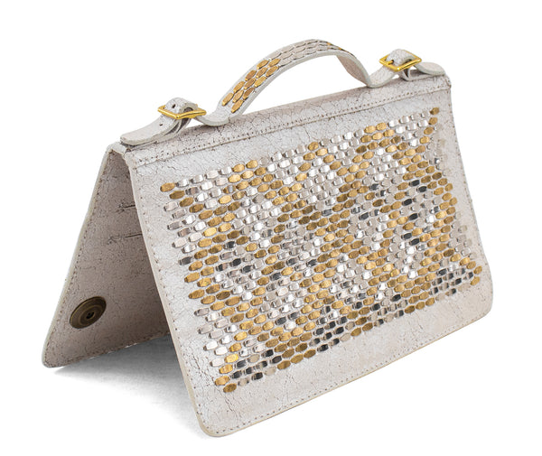 Calleen Cordero Zena Snake Clutch Wallet Gold Pearl Cracked W/ Brass & Nickel