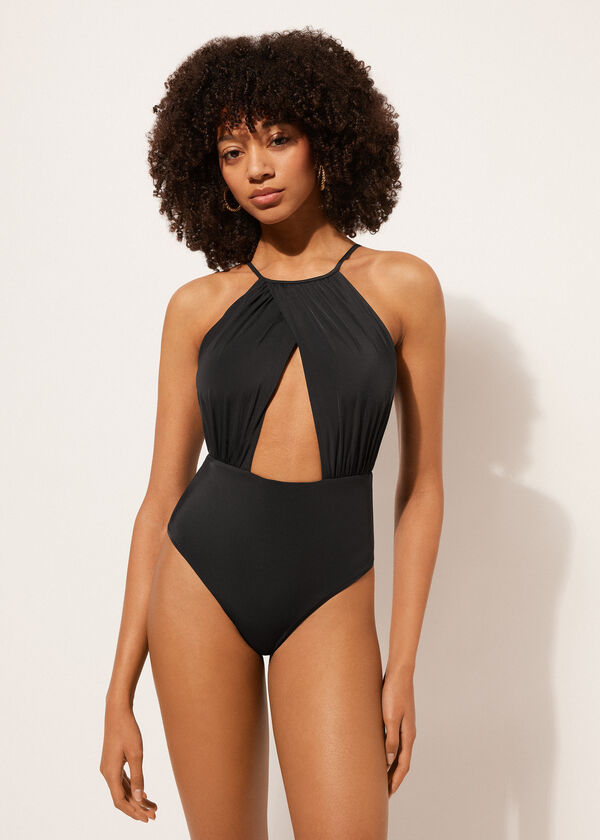 calzedonia One Piece Swimsuit Black Halter Neck