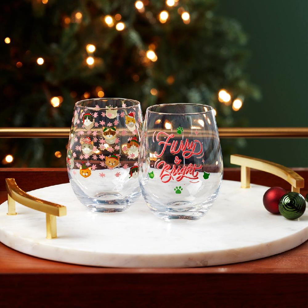 Cambridge Silversmiths 18 Oz "Furry & Bright" Stemless Wine Glasses Set Of 2