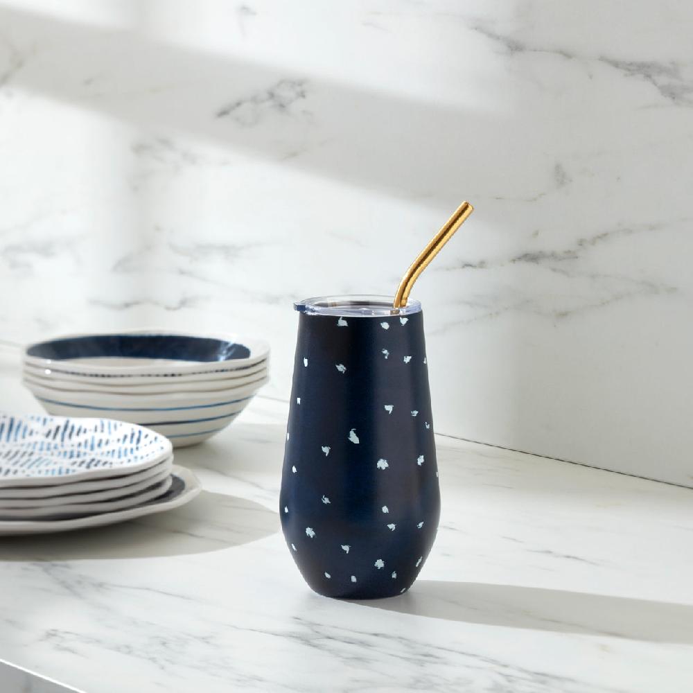 Cambridge Silversmiths Blue Bay Dot Pattern Stainless Steel Wine Tumbler With Straw