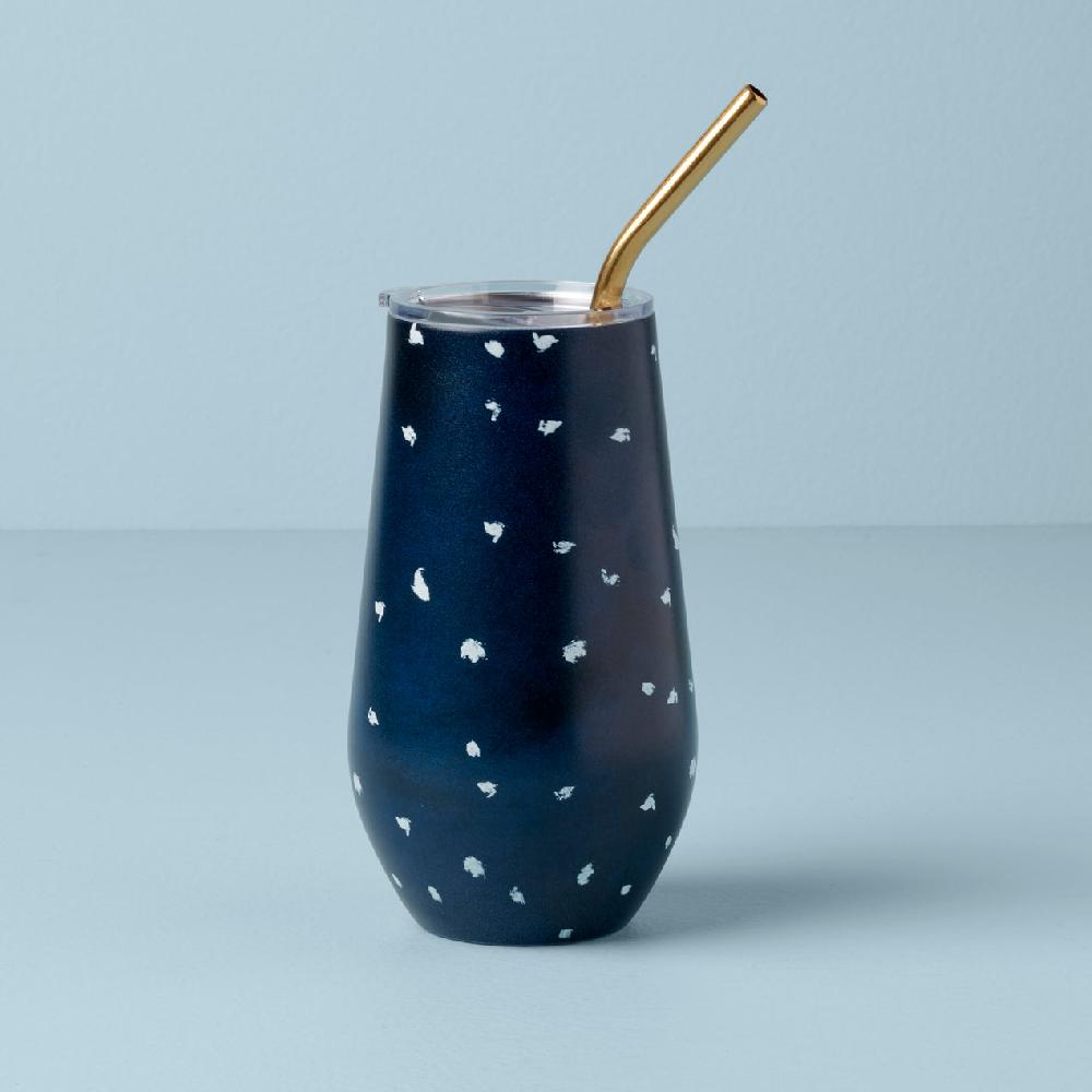 cambridge silversmiths Blue Bay Dot Pattern Stainless Steel Wine Tumbler With Straw