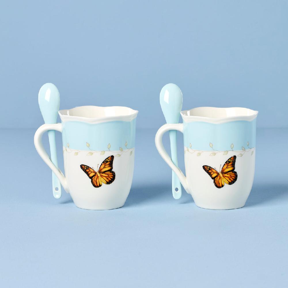 Cambridge Silversmiths Butterfly Meadow Color Mugs With Spoons Set Of 2 Blue