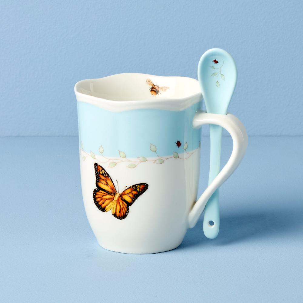 Cambridge Silversmiths Butterfly Meadow Color Mugs With Spoons Set Of 2 Blue