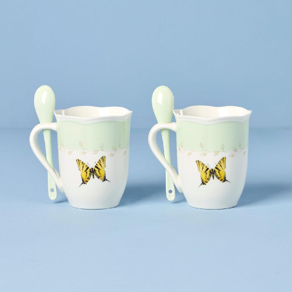 Cambridge Silversmiths Butterfly Meadow Color Mugs With Spoons Set Of 2 Green