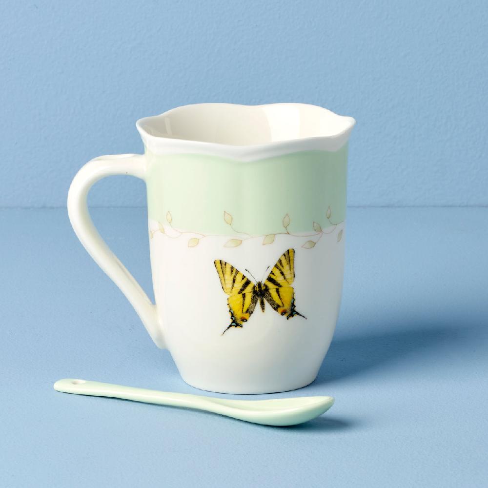 Cambridge Silversmiths Butterfly Meadow Color Mugs With Spoons Set Of 2 Green