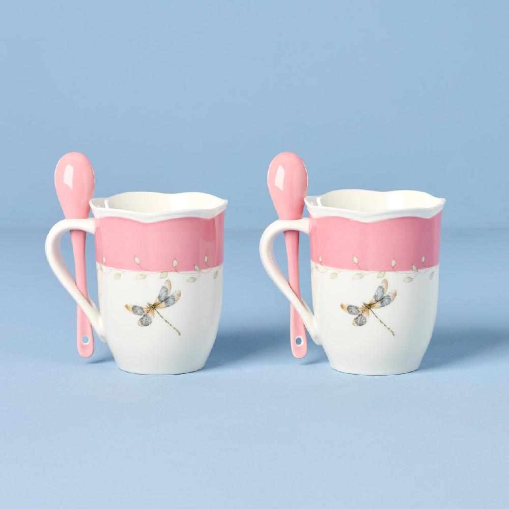 Cambridge Silversmiths Butterfly Meadow Color Mugs With Spoons Set Of 2 Pink