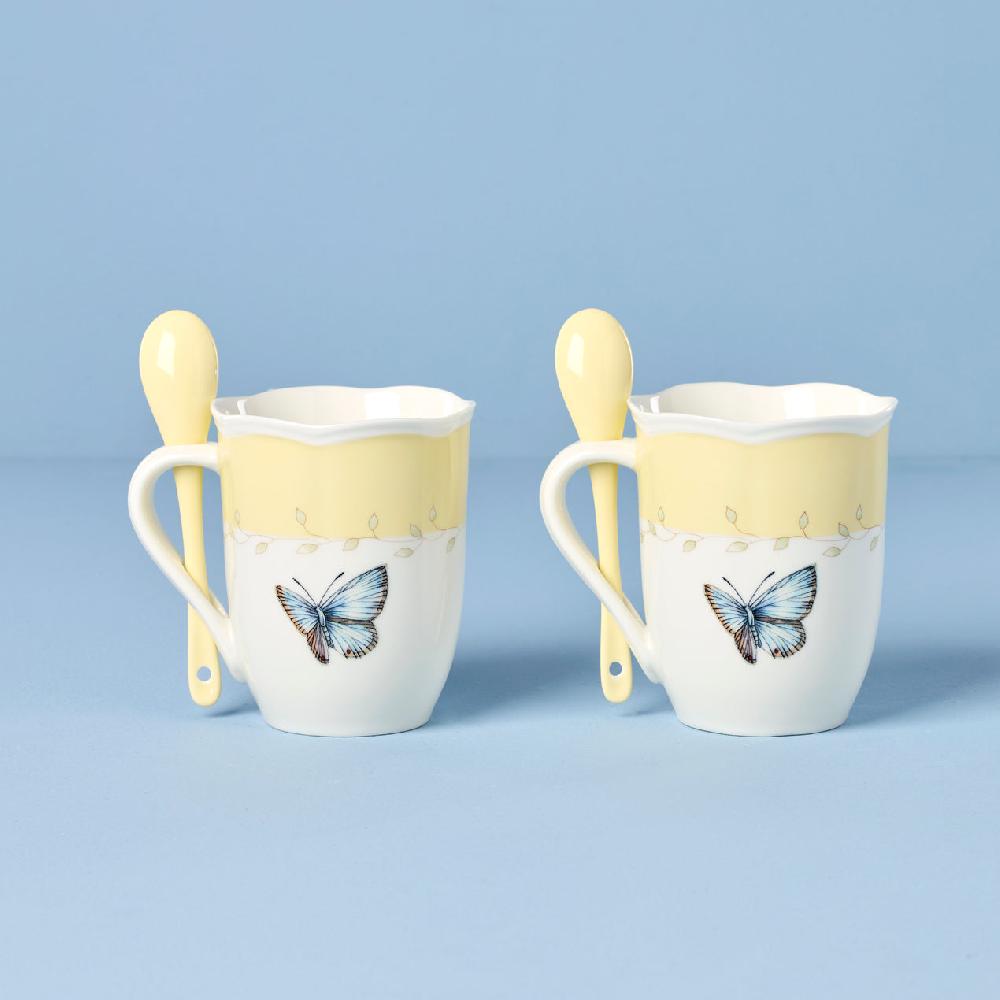Cambridge Silversmiths Butterfly Meadow Color Mugs With Spoons Set Of 2 Yellow