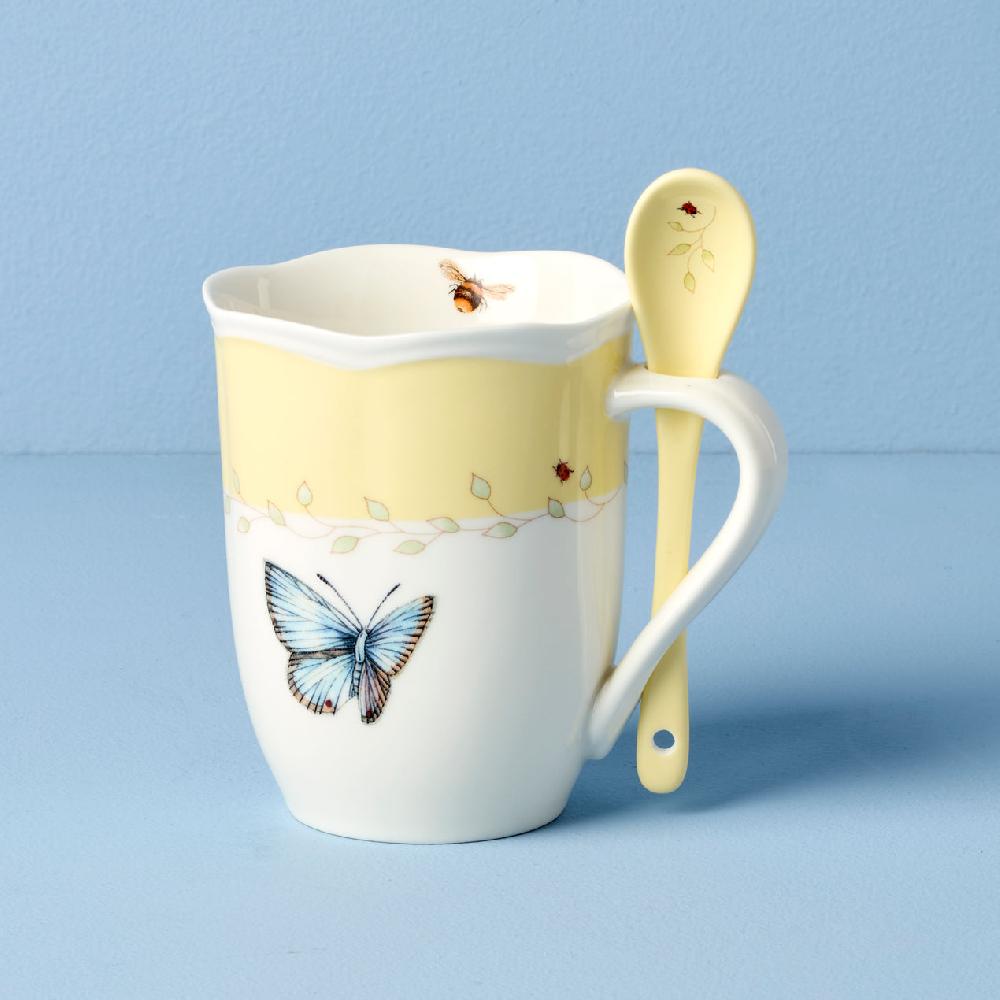 Cambridge Silversmiths Butterfly Meadow Color Mugs With Spoons Set Of 2 Yellow
