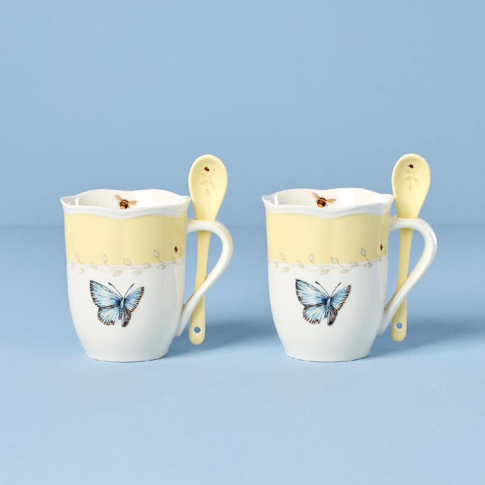 cambridge silversmiths Butterfly Meadow Color Mugs with Spoons Set of 2 Yellow