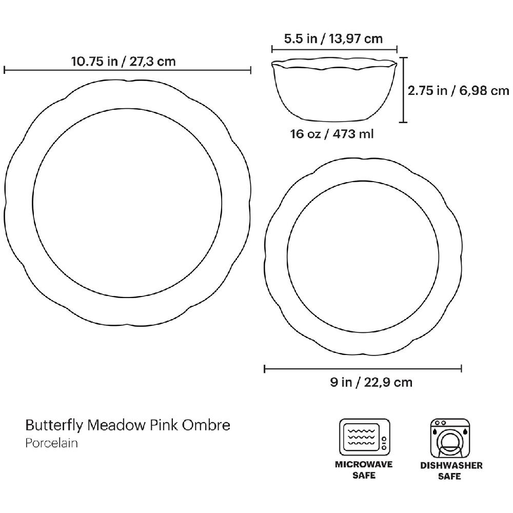 Cambridge Silversmiths Butterfly Meadow Pink Ombre 12-Piece Dinnerware Set