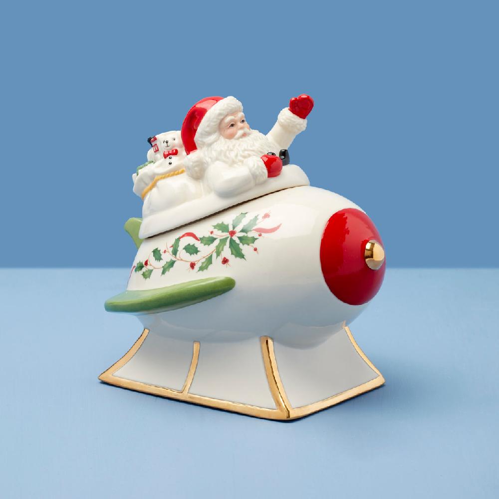 cambridge silversmiths Holiday Figural Santa's Rocket Covered Candy Dish