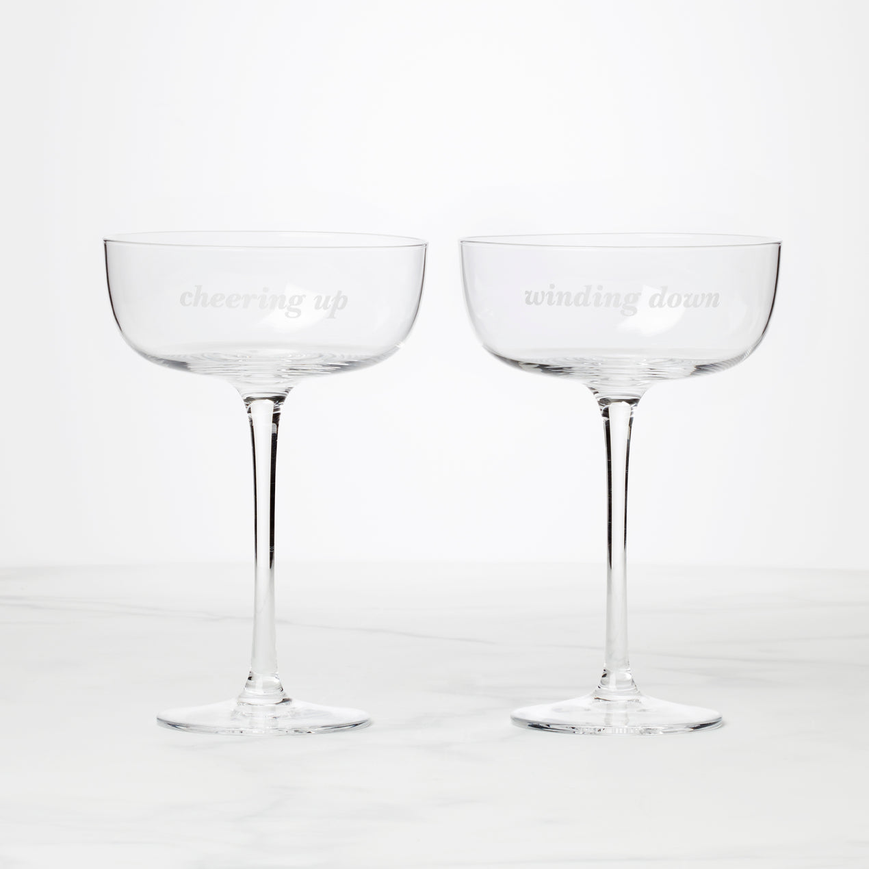 cambridge silversmiths Winding Down & Cheering Up Coupe Glasses Set of 2