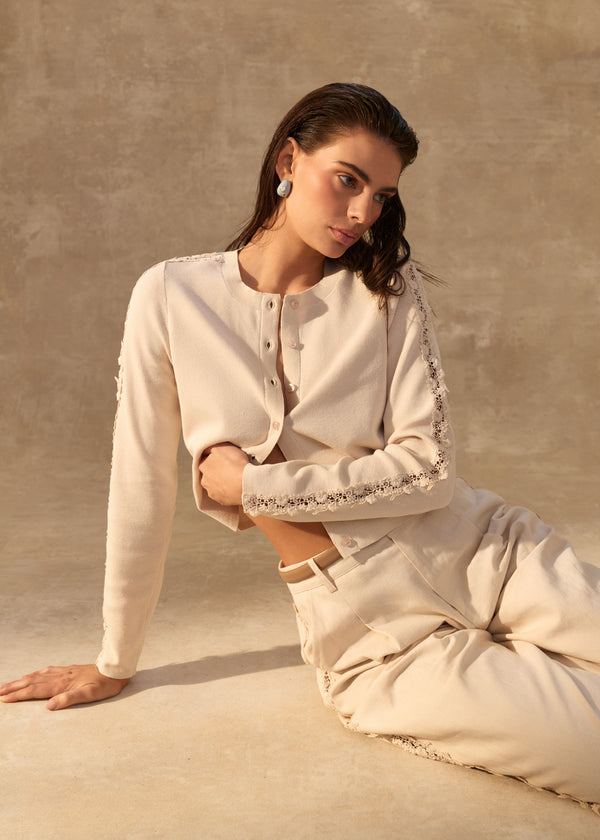 cami nyc Garcia Lace Trim Cardigan Bone