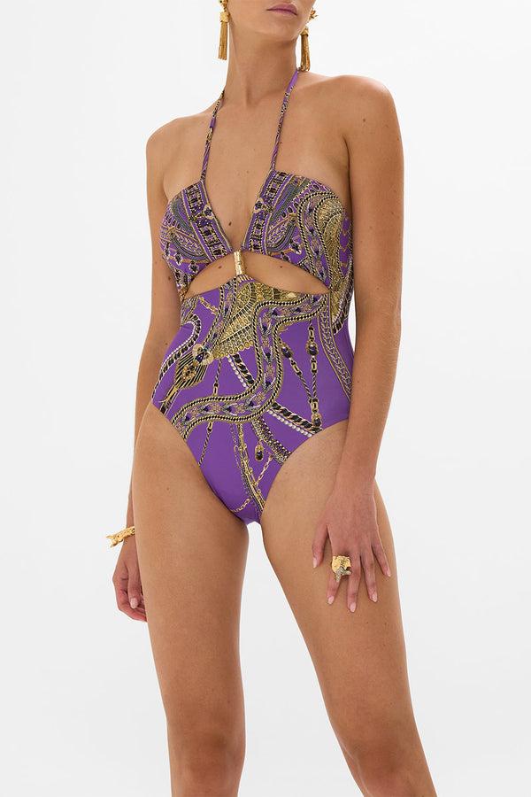 Camilla Cut Out Halter One Piece With Trim