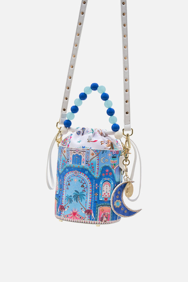 camilla drawstring bucket bag with beaded handle