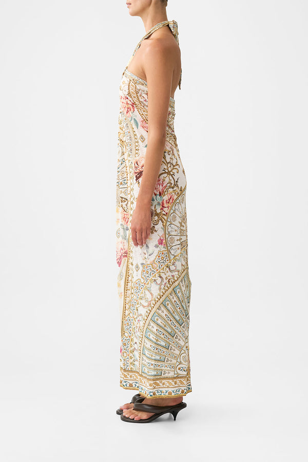 Camilla Long Draped Linen Jersey Halter Dress