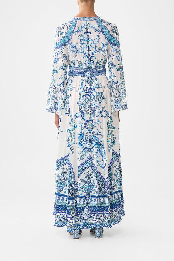 camilla shaped waistband dress with ruffle sleeve