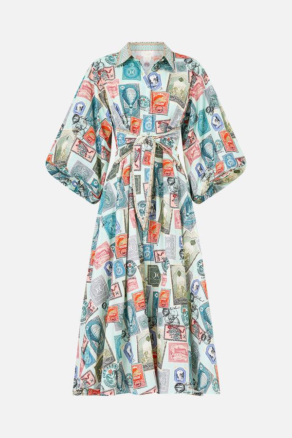 camilla Waist Tie Shirt Dress With Bubble Sleeve