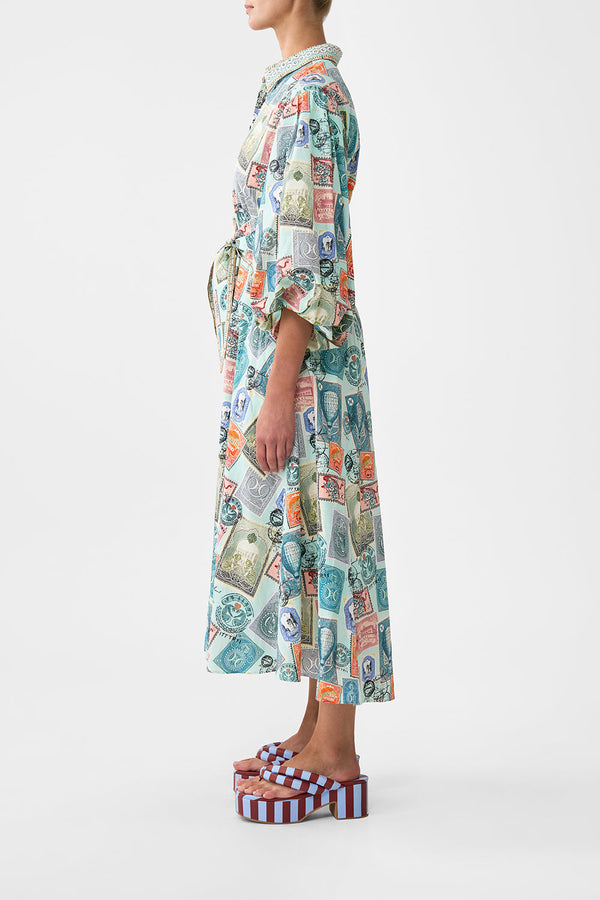 camilla Waist Tie Shirt Dress With Bubble Sleeve
