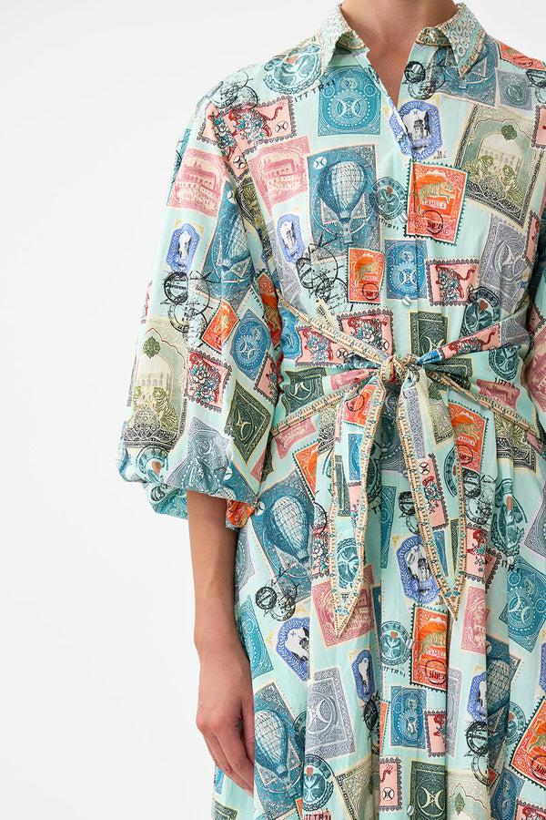 camilla Waist Tie Shirt Dress With Bubble Sleeve