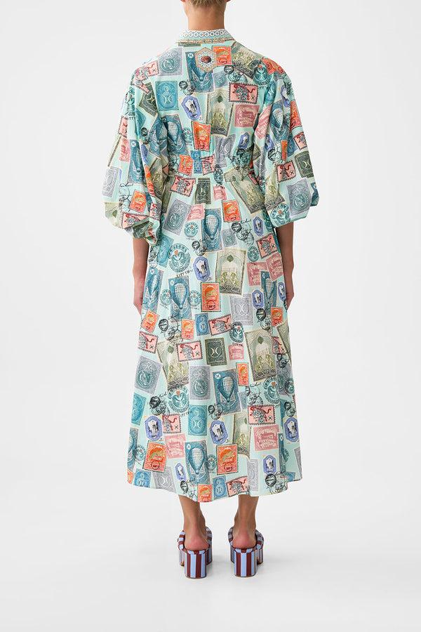 camilla waist tie shirt dress with bubble sleeve