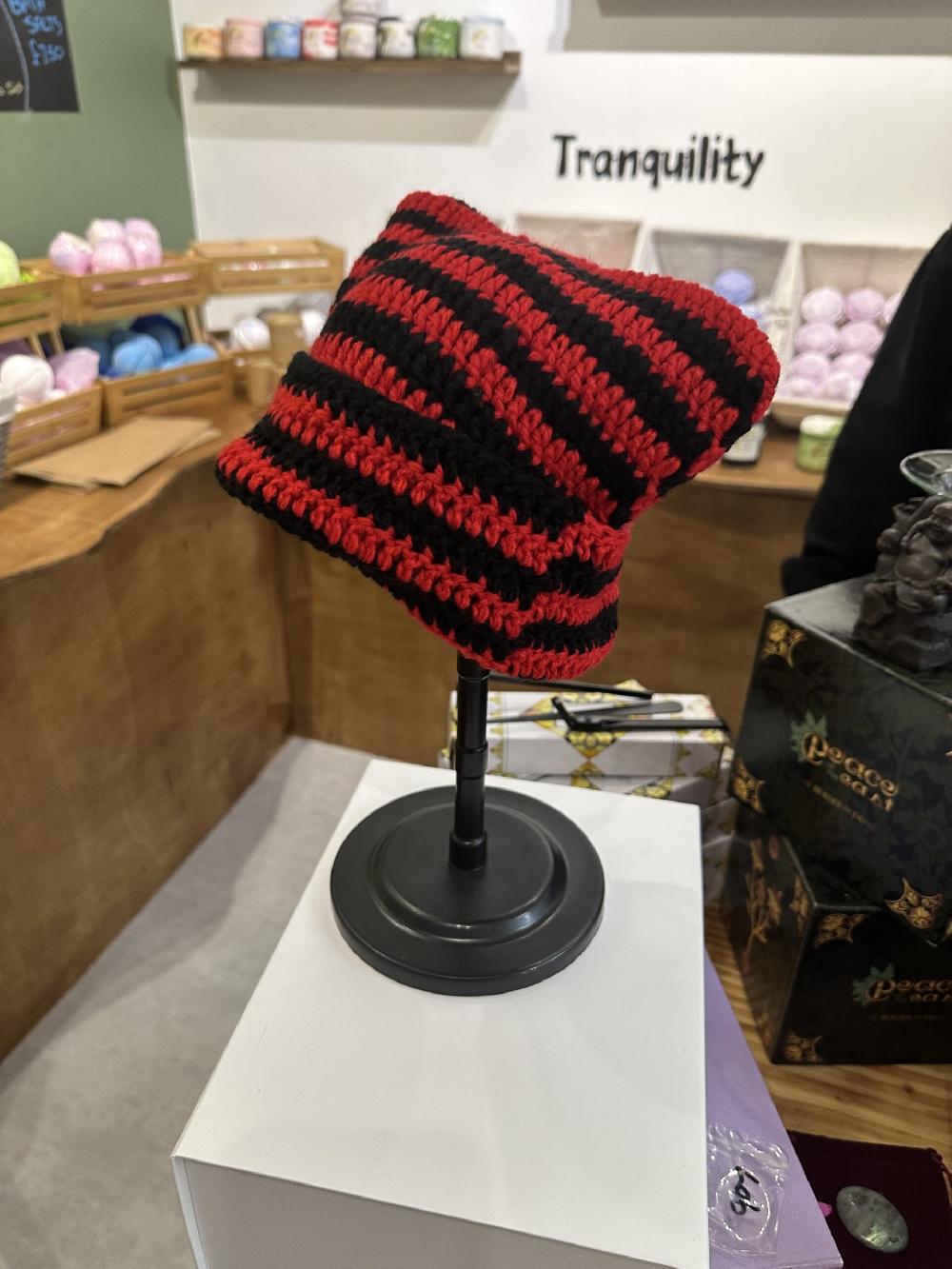 Candy Candle Crochet Beanie Hat With Fuzzy Cat Ears