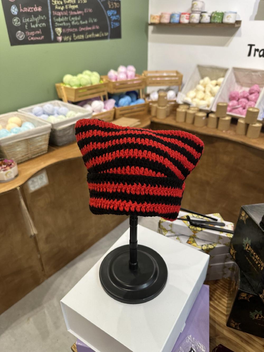 Candy Candle Crochet Beanie Hat With Fuzzy Cat Ears