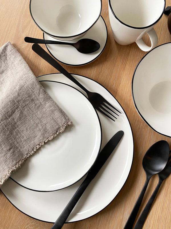 Canvas Home Abbesses Black Rim Porcelain 4 Piece Dinnerware Set Service For 1