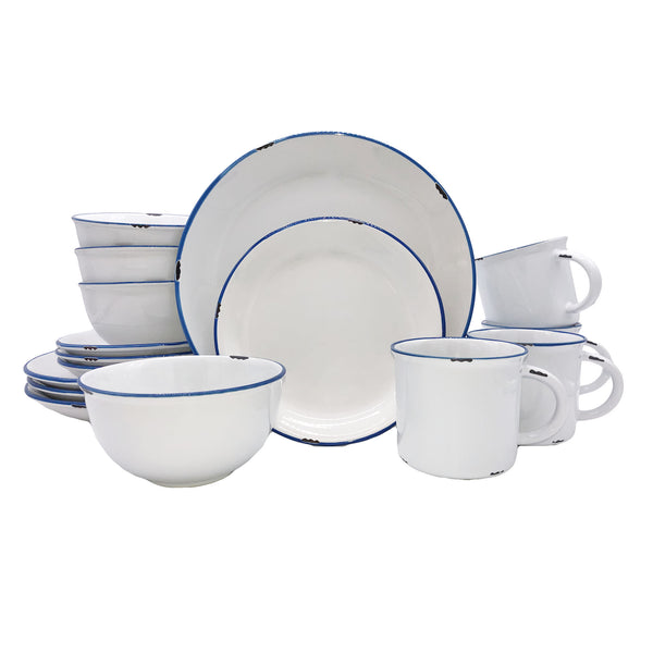 canvas home Tinware Blue Rim Stoneware 16 Piece Dinnerware Set Service For 4