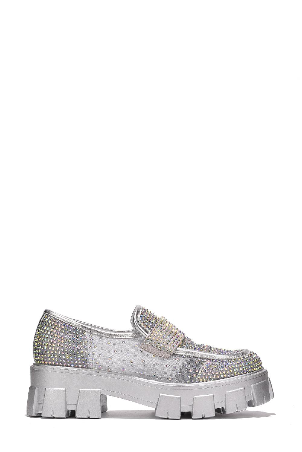 Cape Robbin Abbe Round Toe Mesh Rhinestone Lug Flats - Silver