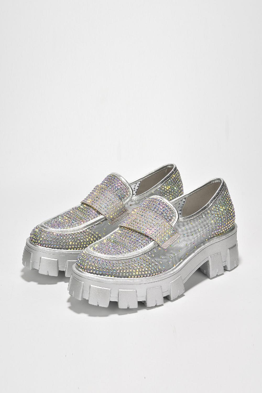 Cape Robbin Abbe Round Toe Mesh Rhinestone Lug Flats - Silver