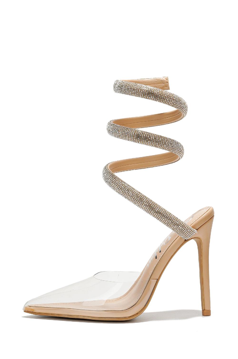 Cape Robbin Adelle Rhinestone Wrap Around Strappy Stiletto Heels - Transparent