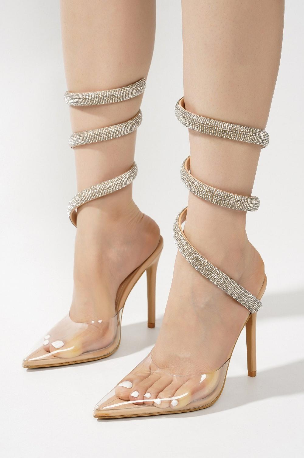 Cape Robbin Adelle Rhinestone Wrap Around Strappy Stiletto Heels - Transparent
