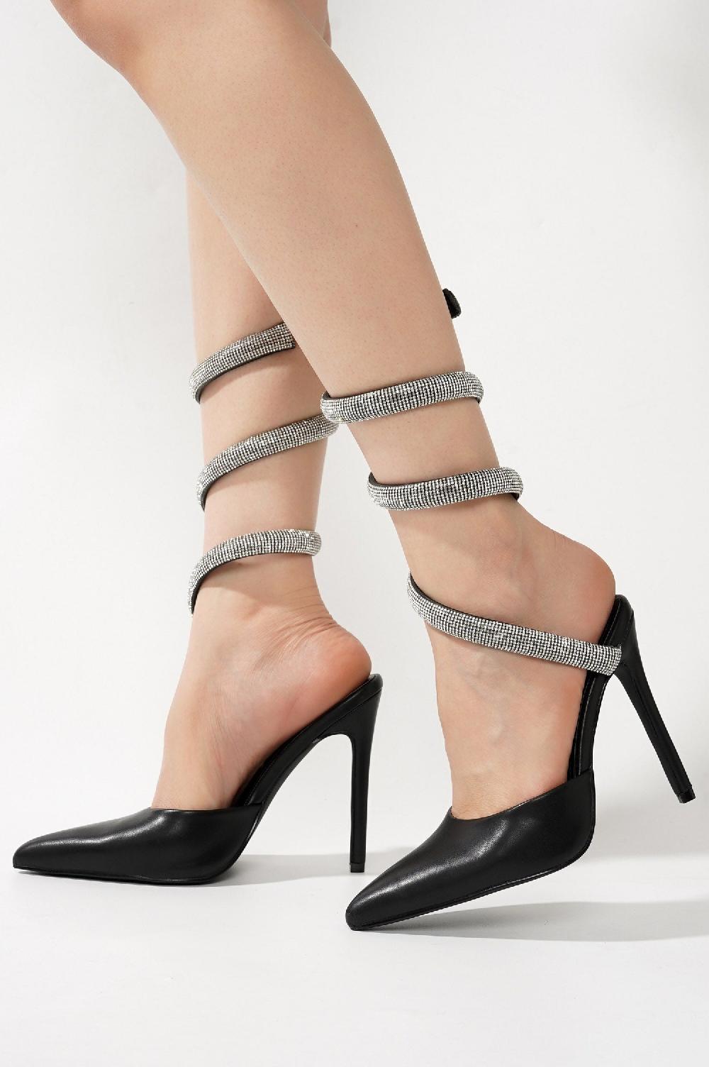 Cape Robbin Adelle Rhinestone Wrap Around Strappy Stiletto Heels - Black