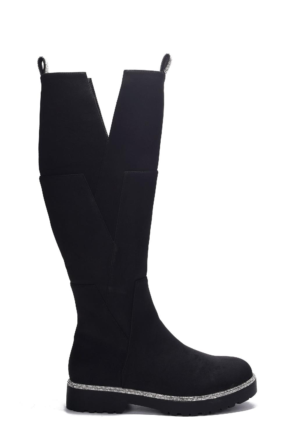 Cape Robbin Aldea Rhinestone Pull Tabs Knee High Boots - Black