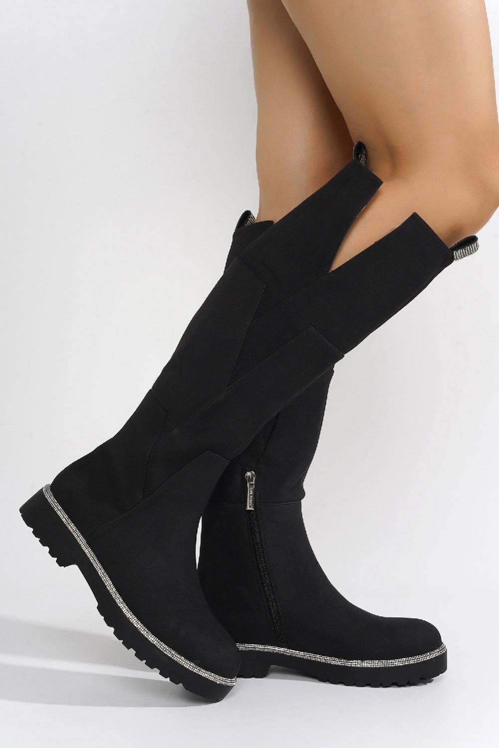 Cape Robbin Aldea Rhinestone Pull Tabs Knee High Boots - Black