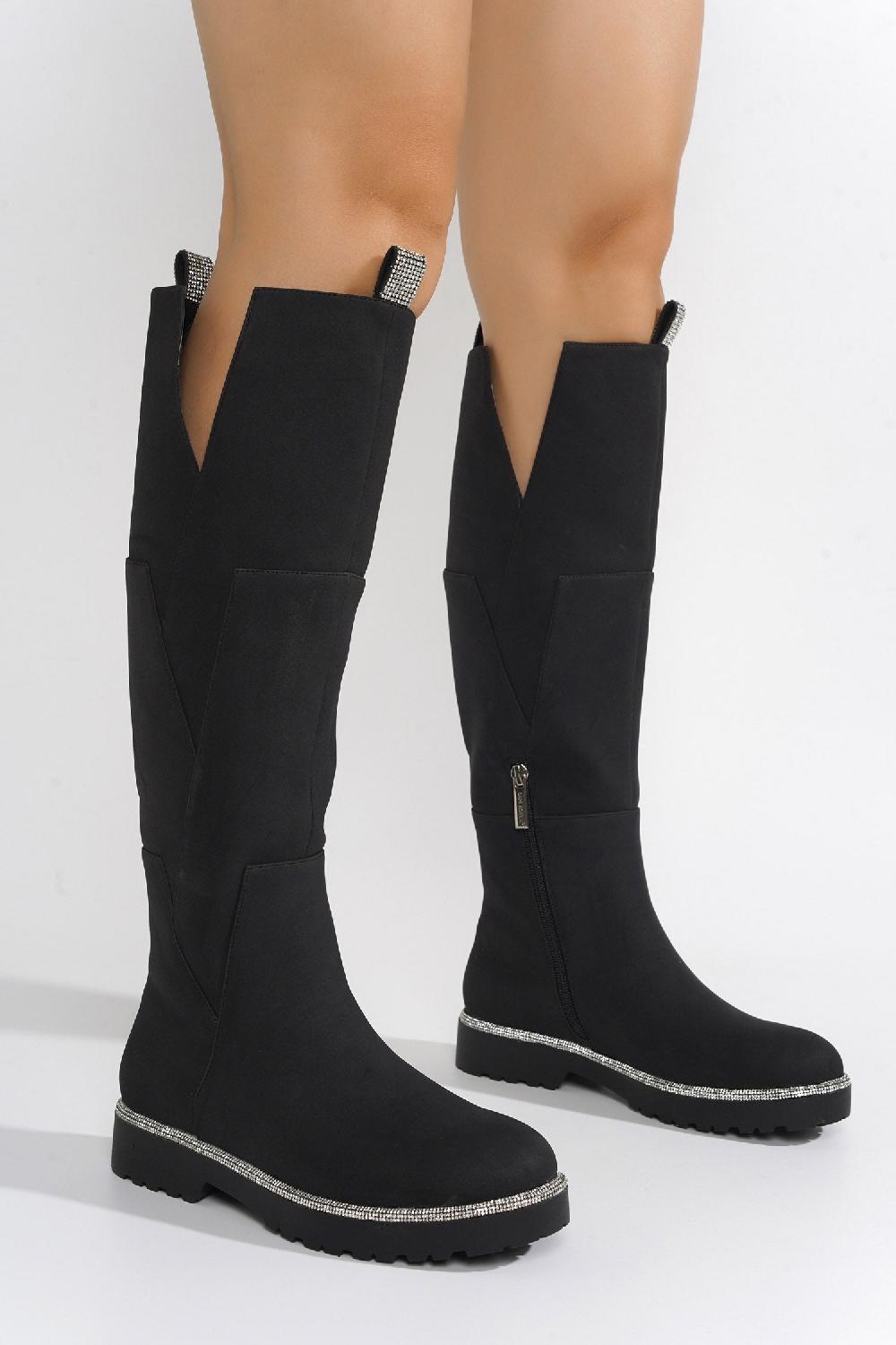 Cape Robbin Aldea Rhinestone Pull Tabs Knee High Boots - Black