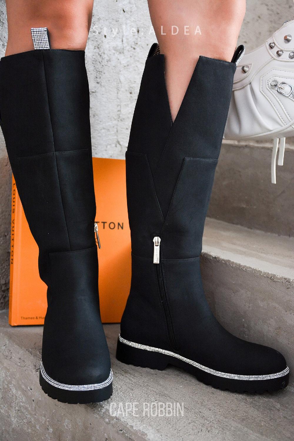 cape robbin Aldea Rhinestone Pull Tabs Knee High Boots - Black