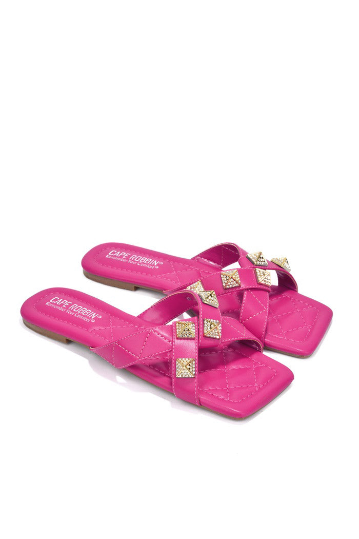 Cape Robbin Alondra Spike Rhinestone Square Toe Sandals - Pink