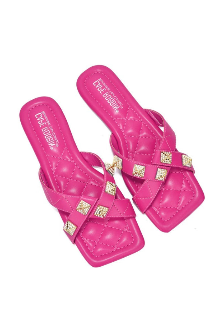 cape robbin Alondra Spike Rhinestone Square Toe Sandals - Pink