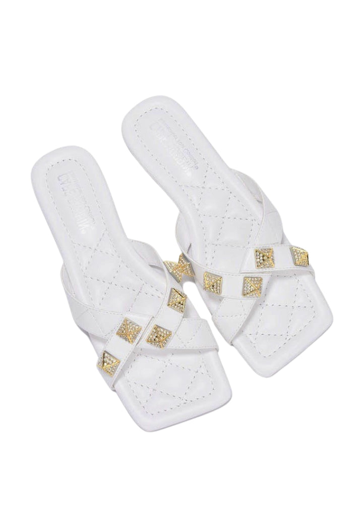 cape robbin Alondra Spike Rhinestone Square Toe Sandals - White