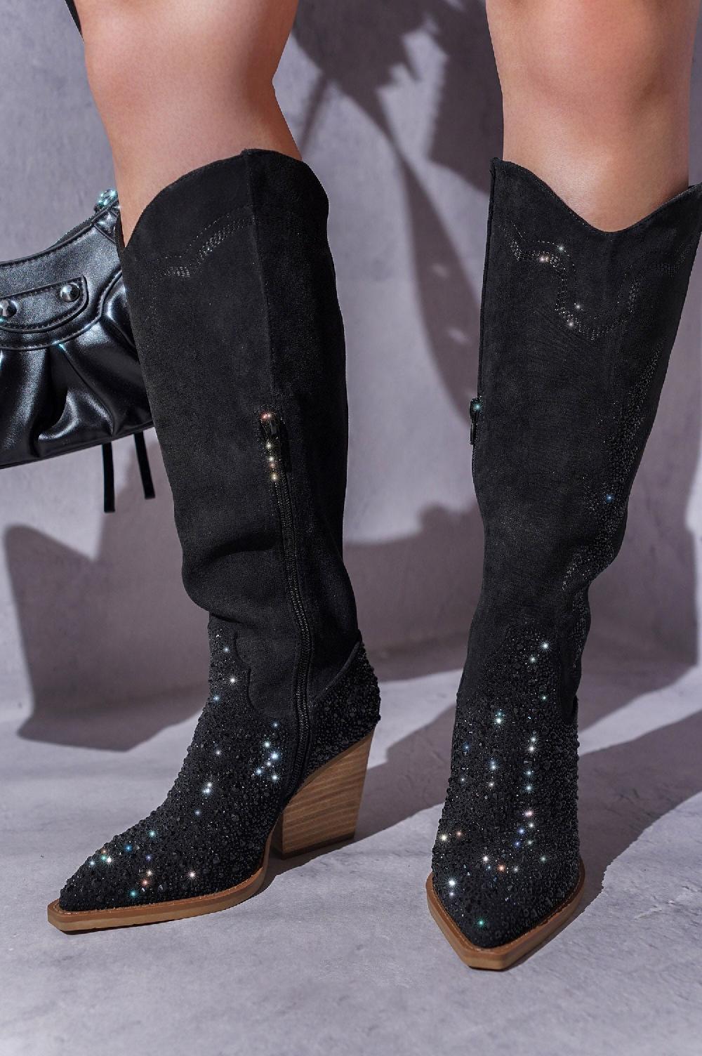 cape robbin Anniston Rhinestone Pointy Toe Cowboy Boots - Black