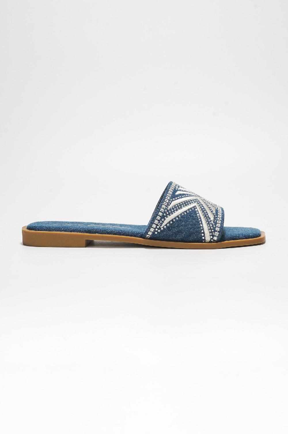 Cape Robbin Anthe Rhinestone Embroidery Square Toe Slide Sandals - Denim