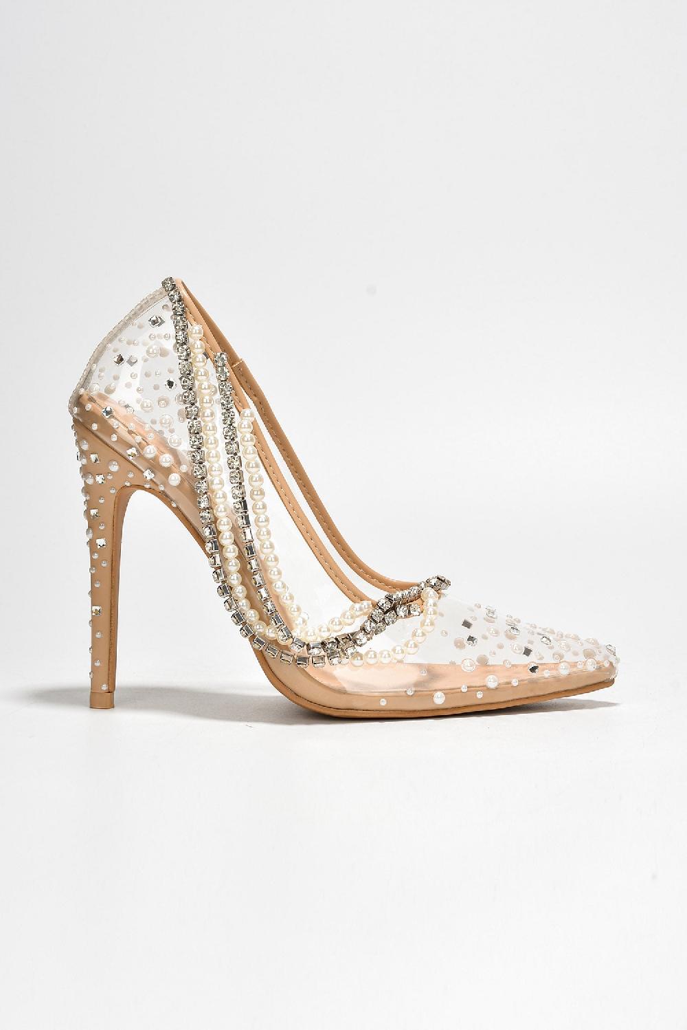 Cape Robbin Aravalyn Rhinestone Metallic Transparent Heel - Beige
