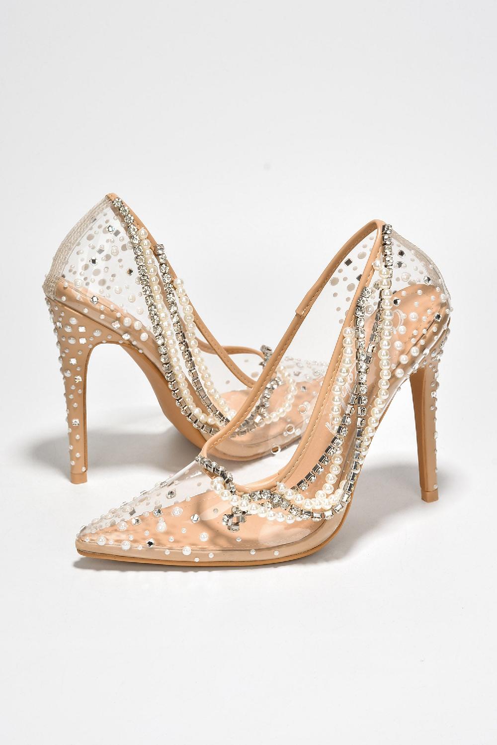 Cape Robbin Aravalyn Rhinestone Metallic Transparent Heel - Beige