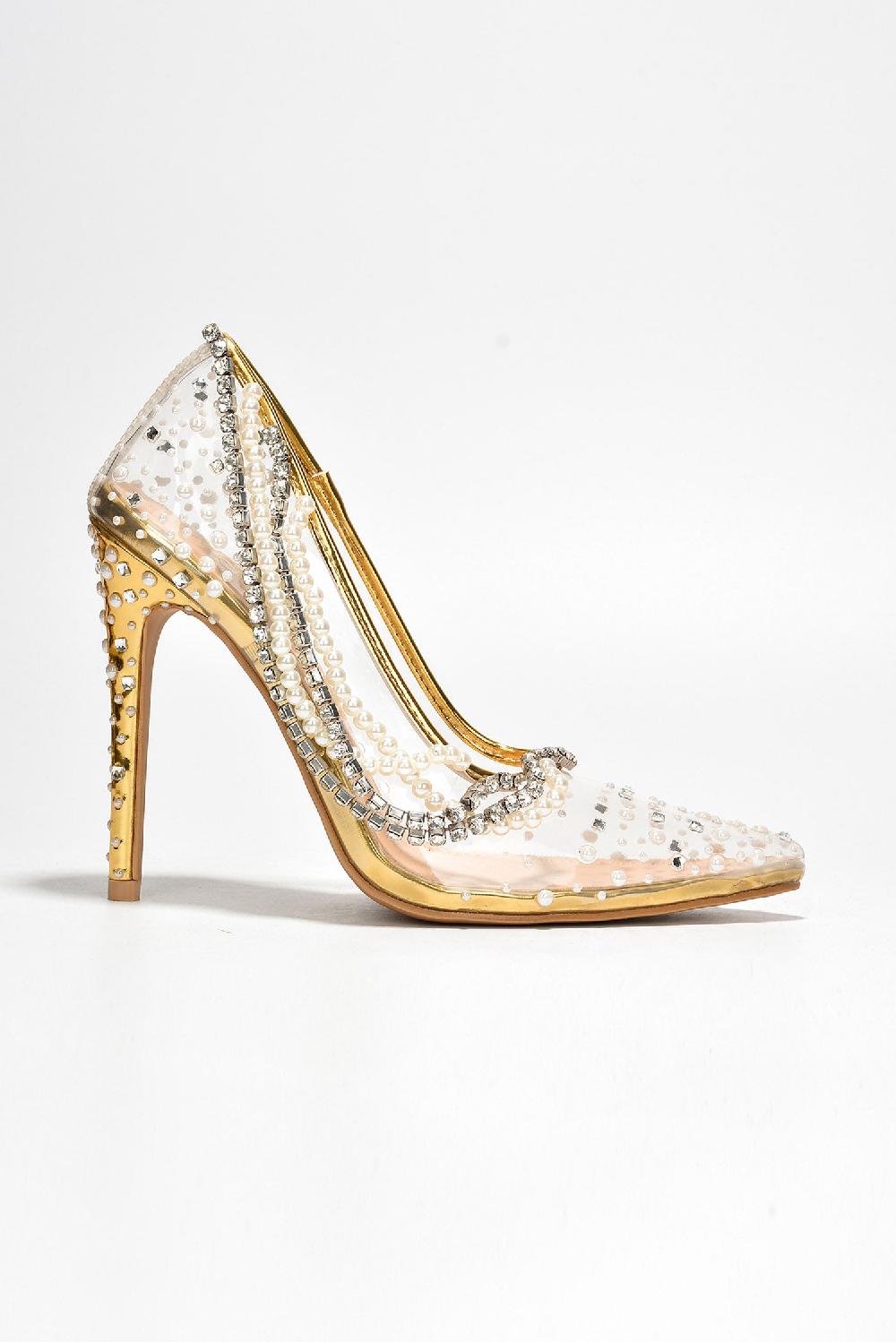 Cape Robbin Aravalyn Rhinestone Metallic Transparent Heel - Gold